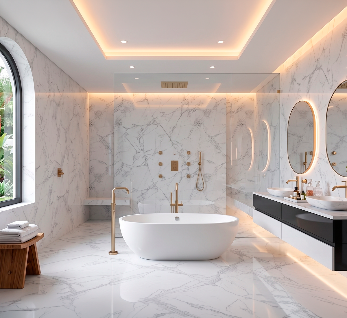 Spa-inspired bathroom remodel with custom vanity and modern fixtures in Fairfield County, CT.